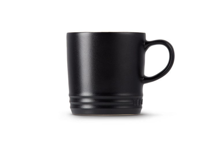 Le Creuset 350ml Satin Black Stoneware Mug, durable and stylish, available at Keans Claremorris.