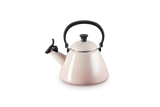 Le Creuset 1.6L Shell Pink stovetop kettle with foldable handle, enamelled carbon steel, whistle, at Keans Claremorris.