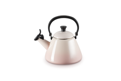 Le Creuset 1.6L Shell Pink stovetop kettle with foldable handle, enamelled carbon steel, whistle, at Keans Claremorris.