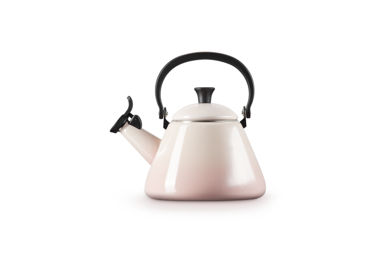 Le Creuset Kone Kettle 1.6L in Shell Pink, durable enamel finish, available at Keans Claremorris.