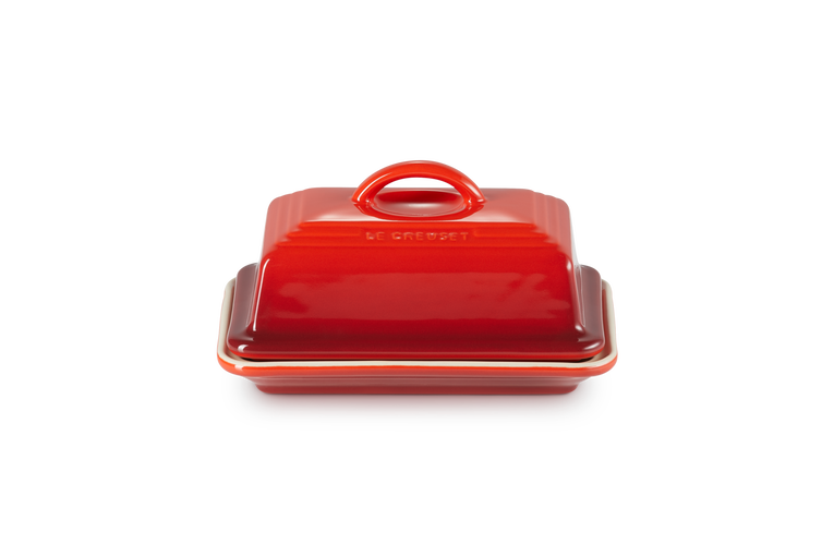 Le Creuset Cerise Butter Dish, durable glazed stoneware, thermoresistant, dishwasher safe – available at Keans Claremorris.