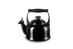 Le Creuset 2.1L Black Onyx stovetop kettle with whistle, ergonomic handle, enamelled steel – available at Keans Claremorris.