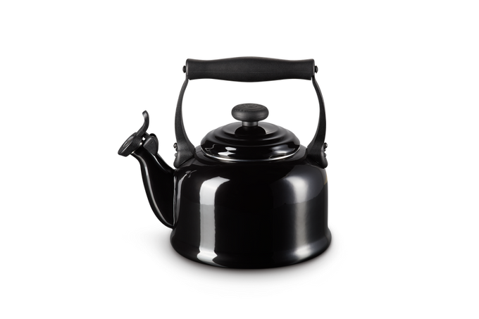 Le Creuset 2.1L Black Onyx stovetop kettle with whistle, ergonomic handle, enamelled steel – available at Keans Claremorris.
