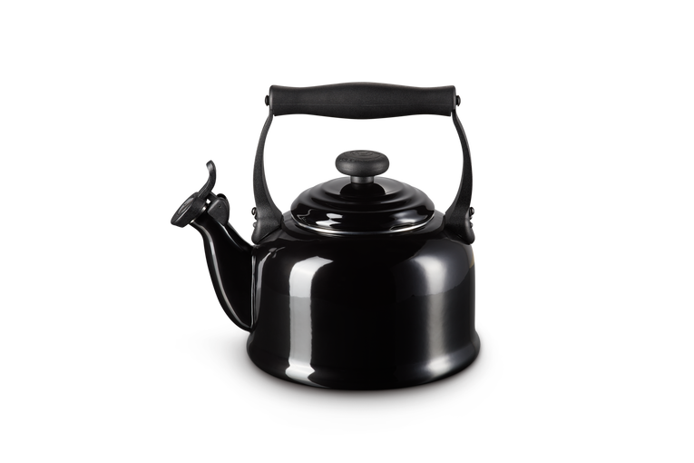Le Creuset 2.1L Black Onyx stovetop kettle with whistle, ergonomic handle, enamelled steel – available at Keans Claremorris.