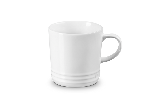 Le Creuset 350ml white stoneware mug, durable and stylish, available at Keans Claremorris.