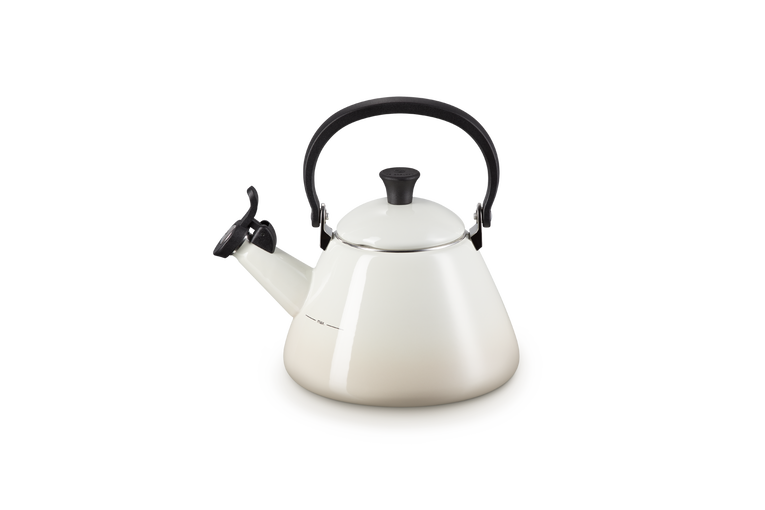 Le Creuset 1.6L Meringue stovetop kettle with foldable handle, enamelled carbon steel, whistle, at Keans Claremorris.