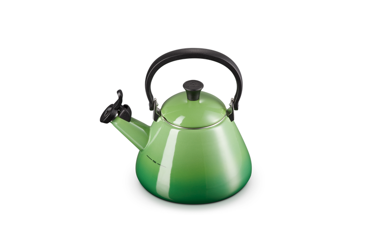 Le Creuset Kone Kettle 1.6L Bamboo Green enamel kettle, durable design, available at Keans Claremorris.