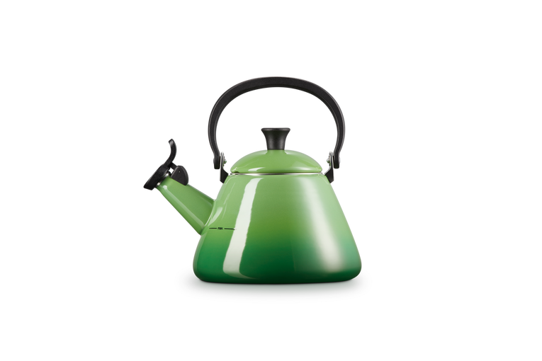 Le Creuset Kone Kettle 1.6L Bamboo Green enamel kettle, durable and stylish, available at Keans Claremorris.