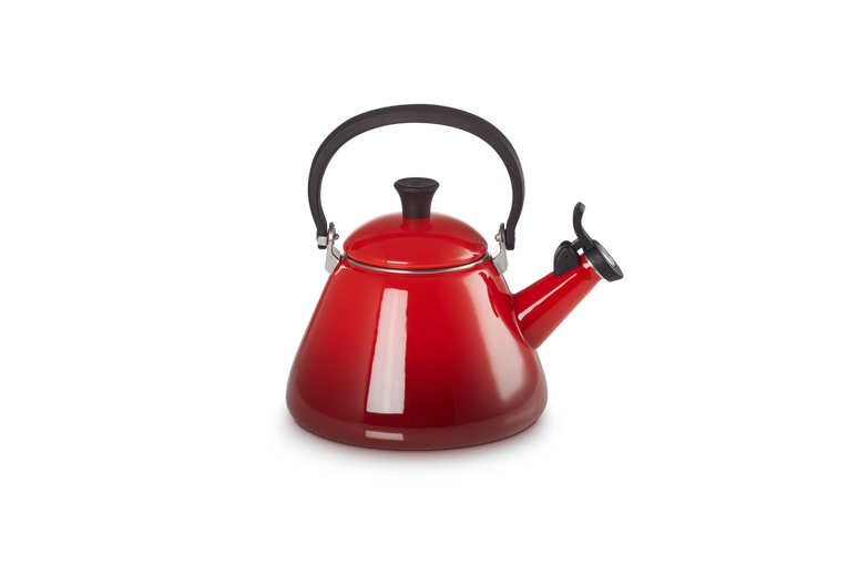 Le Creuset Kone 1.6L Cerise stovetop kettle with foldable handle, enamelled carbon steel, whistle alert - Keans Claremorris