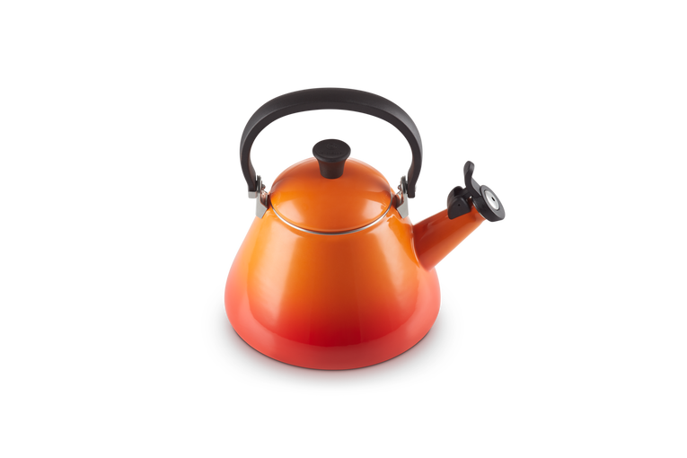 Le Creuset Kone Kettle 1.6L Volcanic red enamel, durable stovetop kettle, available at Keans Claremorris.