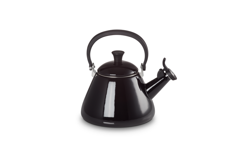 Le Creuset Kone 1.6L black enamelled steel stovetop kettle with foldable handle, whistle, and wide base – Keans Claremorris