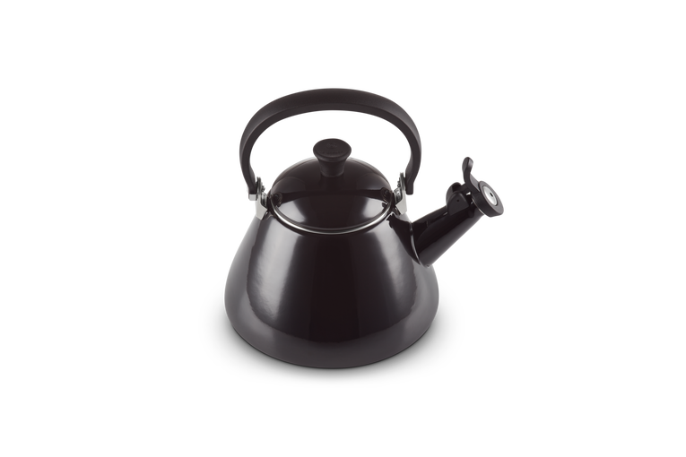 Le Creuset Kone Kettle 1.6L Black enamel kettle, durable stovetop tea kettle, available at Keans Claremorris.