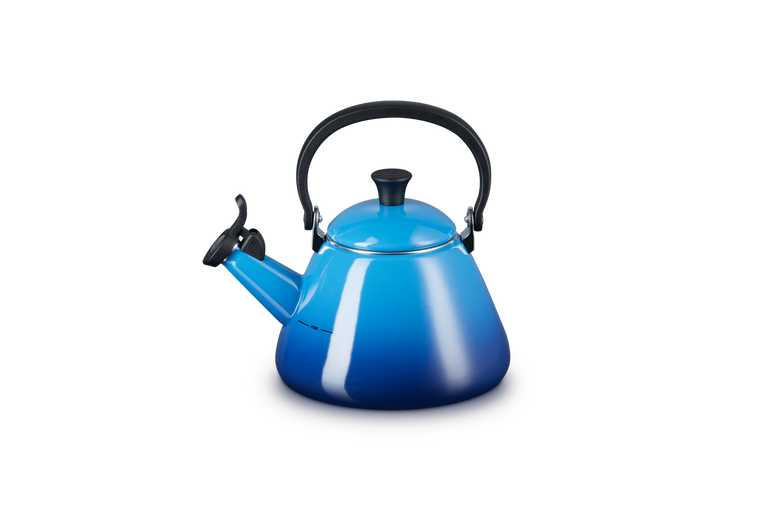 Le Creuset Kone Kettle 1.6L Azure Blue enamelled steel, foldable handle, stovetop kettle, Keans Claremorris