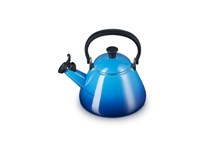 Le Creuset Kone Kettle 1.6L in Azure Blue, durable enamel finish, available at Keans Claremorris.