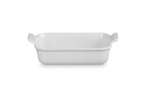 Le Creuset 26cm white rectangular stoneware dish with scalloped handles, scratch-resistant, durable, from Keans Claremorris.