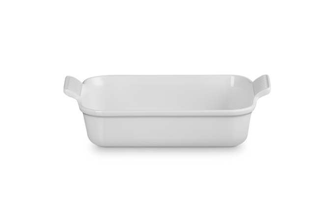 Le Creuset 26cm white rectangular stoneware dish with scalloped handles, scratch-resistant, durable, from Keans Claremorris.