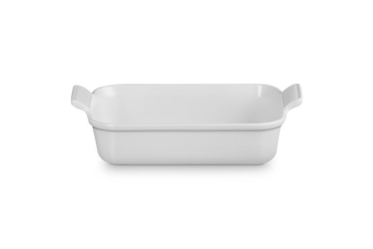 Le Creuset 26cm white rectangular stoneware dish with scalloped handles, scratch-resistant, durable, from Keans Claremorris.