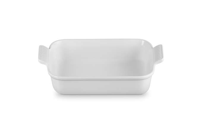 Le Creuset 32cm white rectangular stoneware dish with scalloped handles, scratch-resistant, durable, from Keans Claremorris.
