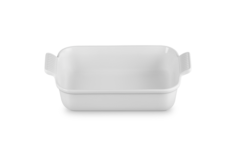 Le Creuset 32cm white rectangular stoneware dish with scalloped handles, scratch-resistant, durable, from Keans Claremorris.