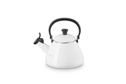Le Creuset Kone Kettle 1.6L white enamelled carbon steel, foldable handle, stovetop kettle, available at Keans Claremorris.
