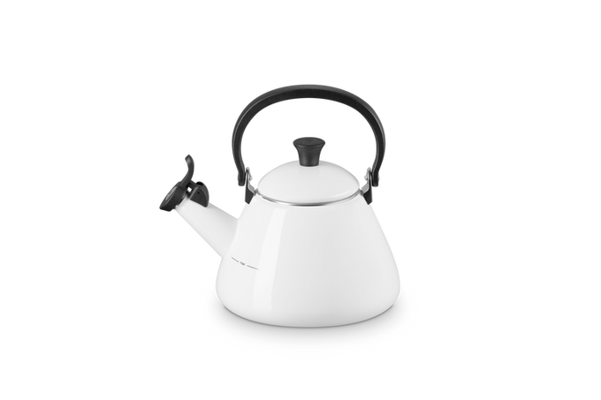 Le Creuset Kone Kettle 1.6L white enamelled carbon steel, foldable handle, stovetop kettle, available at Keans Claremorris.