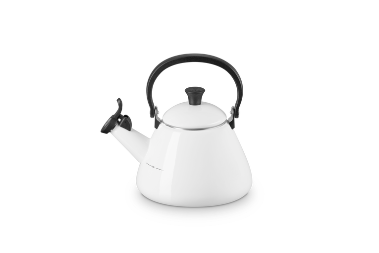 Le Creuset Kone Kettle 1.6L white enamelled carbon steel, foldable handle, stovetop kettle, available at Keans Claremorris.
