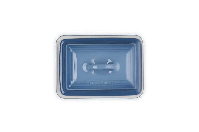 Le Creuset Butter Dish in Chambray Blue, durable stoneware, elegant kitchen accessory – available at Keans Claremorris.
