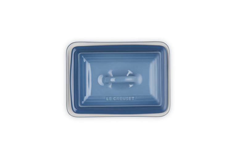 Le Creuset Butter Dish in Chambray Blue, durable stoneware, elegant kitchen accessory – available at Keans Claremorris.