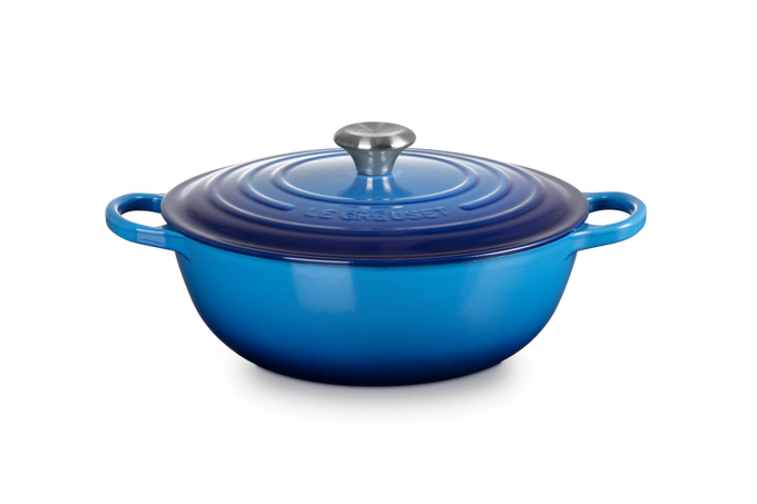 Le Creuset Signature 28cm Azure cast iron soup pot with heat-resistant knob, large handles, oven-safe – Keans Claremorris