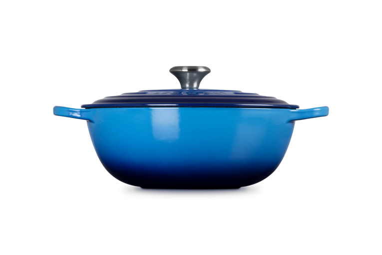 Le Creuset Signature 28cm Azure Soup Pot, durable cast iron, vibrant blue, available at Keans Claremorris