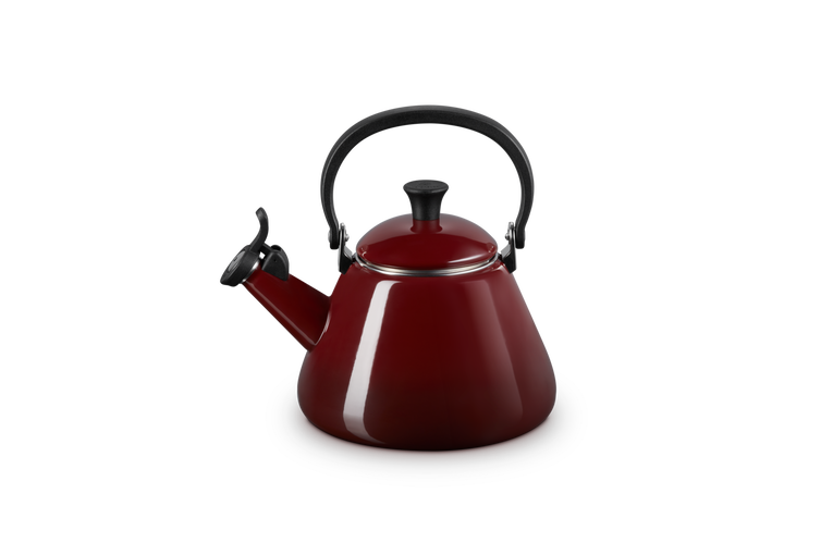 Le Creuset Kone Kettle 1.6L Garnet, enamelled carbon steel, foldable handle, stovetop kettle, Keans Claremorris