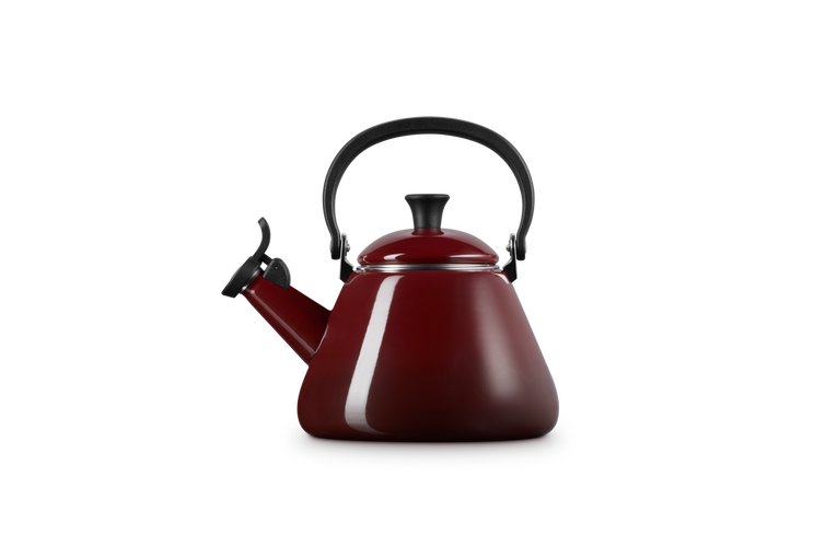 Le Creuset Kone Kettle 1.6L in Garnet red, durable enamel finish, available at Keans Claremorris.