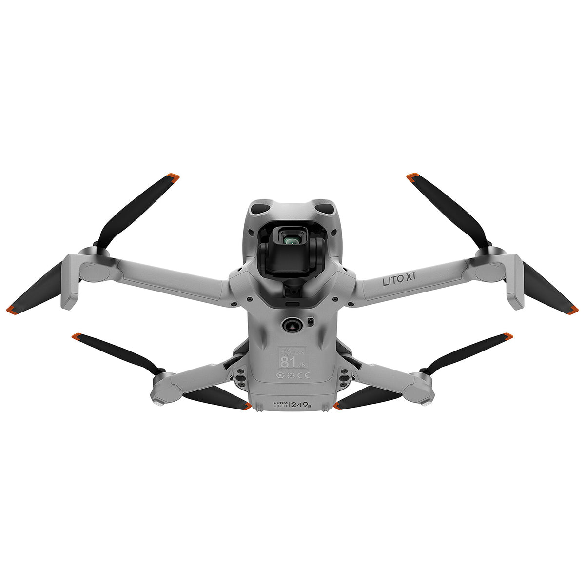 Front view of DJI Lito X1 drone showing camera and four propellers with orange tips
