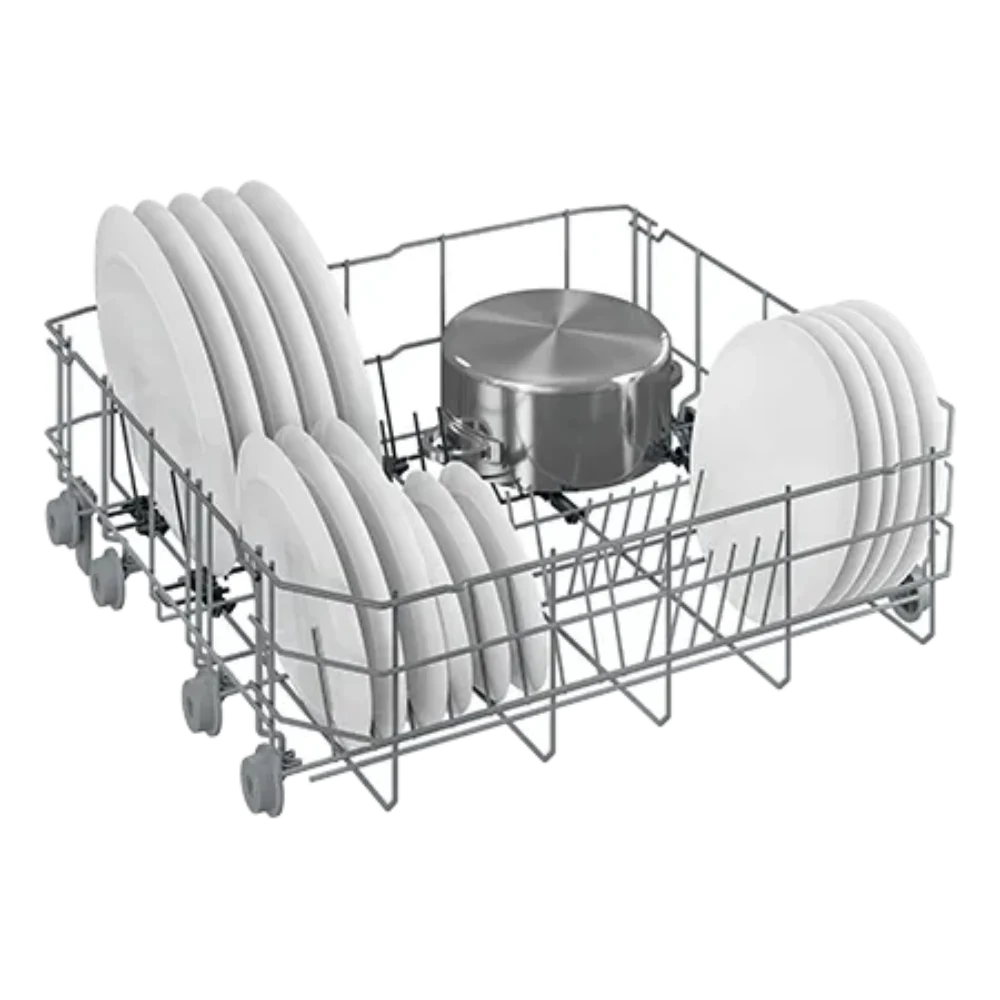 Lower rack of Blomberg 13 Place Dishwasher loaded with plates and a stainless steel pot