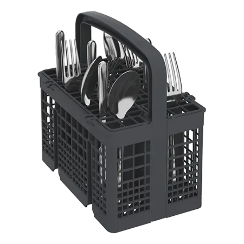 Black dishwasher cutlery basket filled with forks, spoons, and knives, angled view.