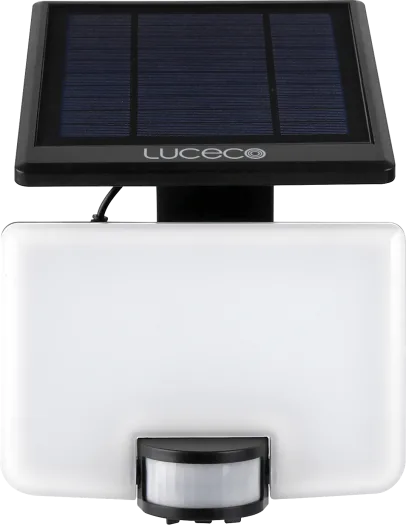 Solar floodlight with detachable solar panel and PIR sensor on white rectangular light housing