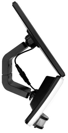 Side view of Solar Floodlight 8W 800lm with detachable solar panel and PIR sensor on black mount.