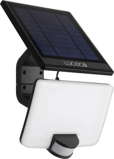 Luceco Guardian Solar Floodlight with black frame, white LED panel, motion sensor, and angled solar panel.
