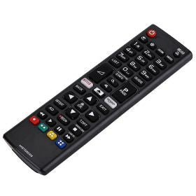 A black LG TV remote control with white text and colorful buttons, photographed on a plain white background.