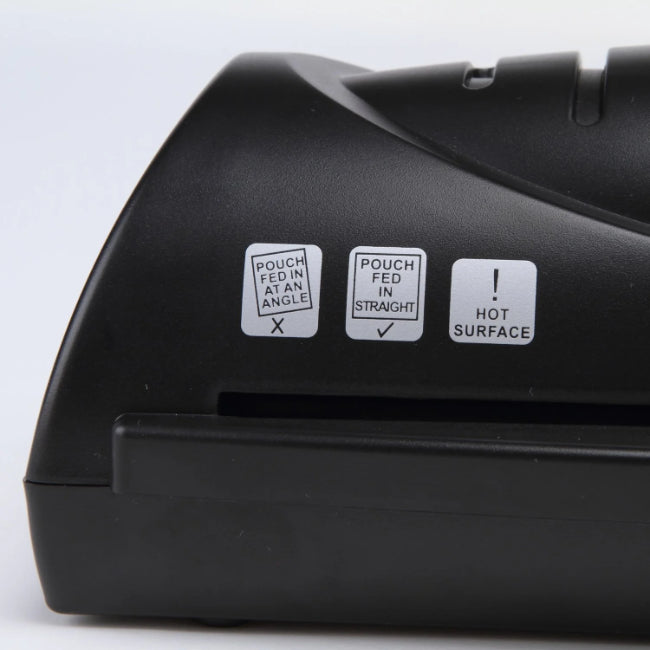 Close-up of Texet A4 Laminator side showing pouch feeding instructions and hot surface warning labels.