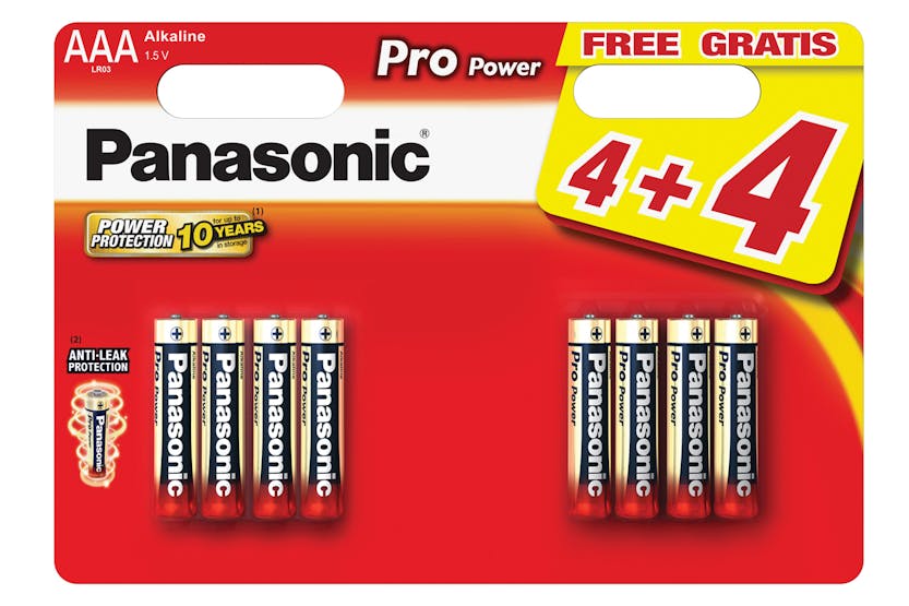 Panasonic Power Pro AAA battery pack with 8 alkaline batteries in red and white packaging, 4+4 free bonus.