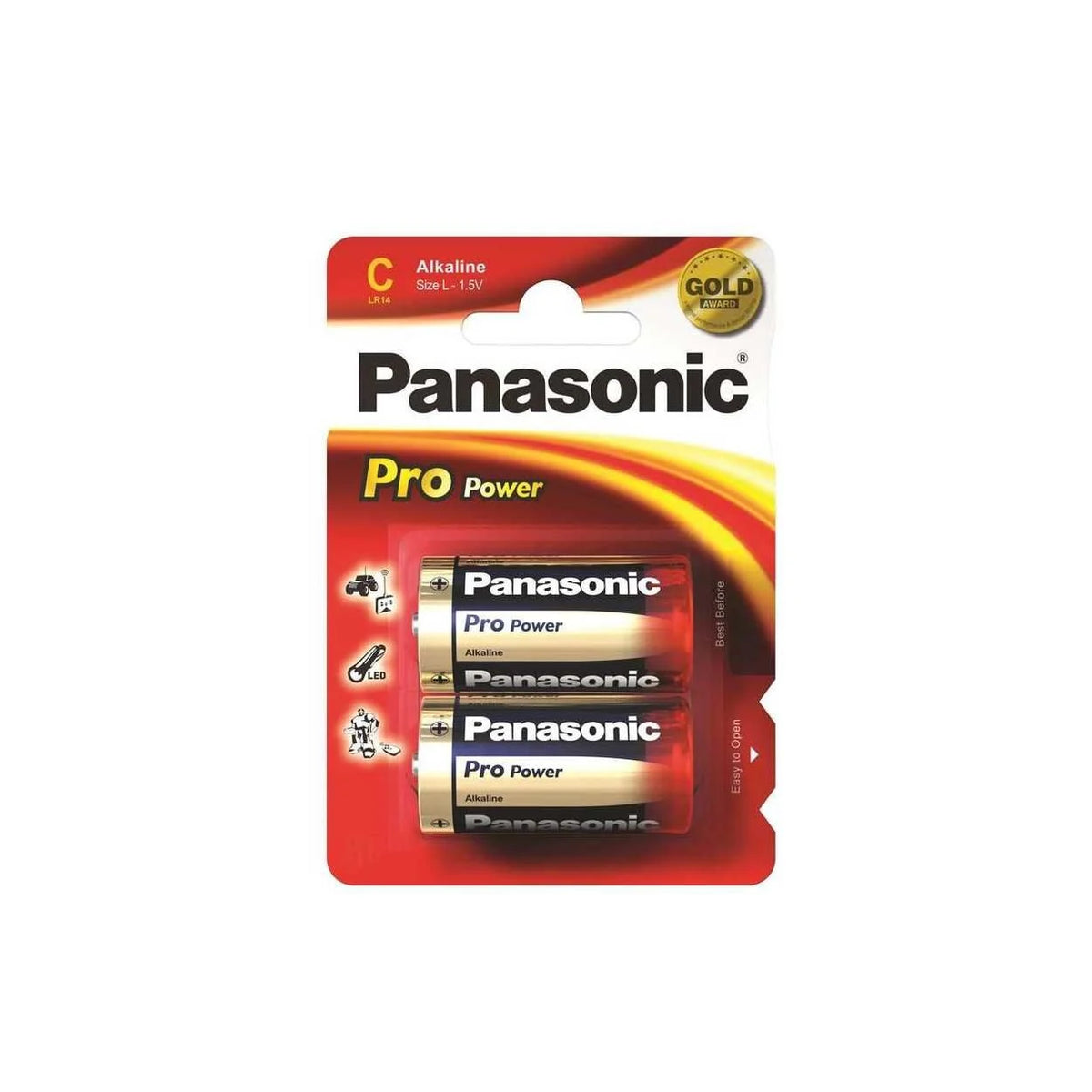 Panasonic Pro Power C-size alkaline batteries 2-pack in red and yellow blister packaging