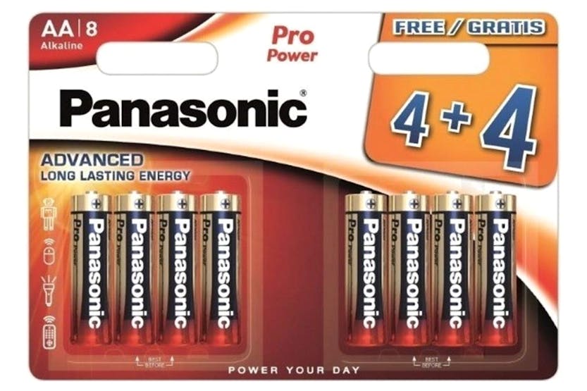 Panasonic Power Pro AA alkaline battery pack with 8 batteries, 4 plus 4 free, in blister packaging.