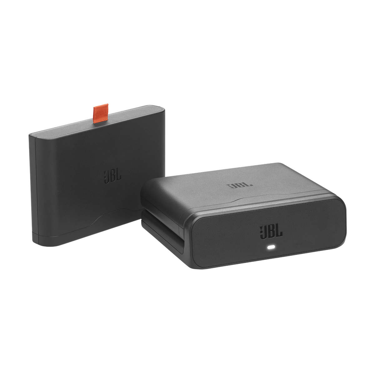 Two black JBL Battery 600 Duo batteries with charging case, one standing with orange pull tab visible