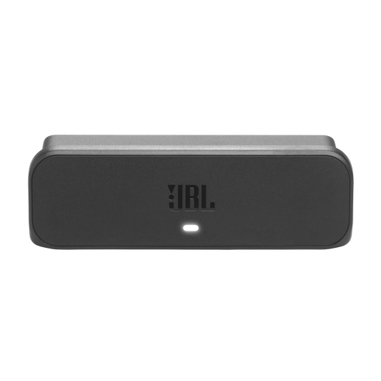 Front view of the black JBL Battery 600 Duo charging case with illuminated LED indicator and JBL logo.