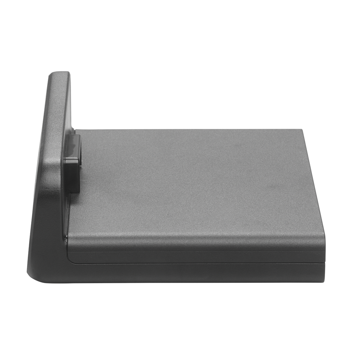 JBL Battery 600 Duo charging case in gray, shown from a left side angle on a white background.