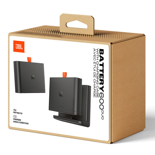JBL Battery 600 Duo with charging case shown on retail packaging box with product images and branding.