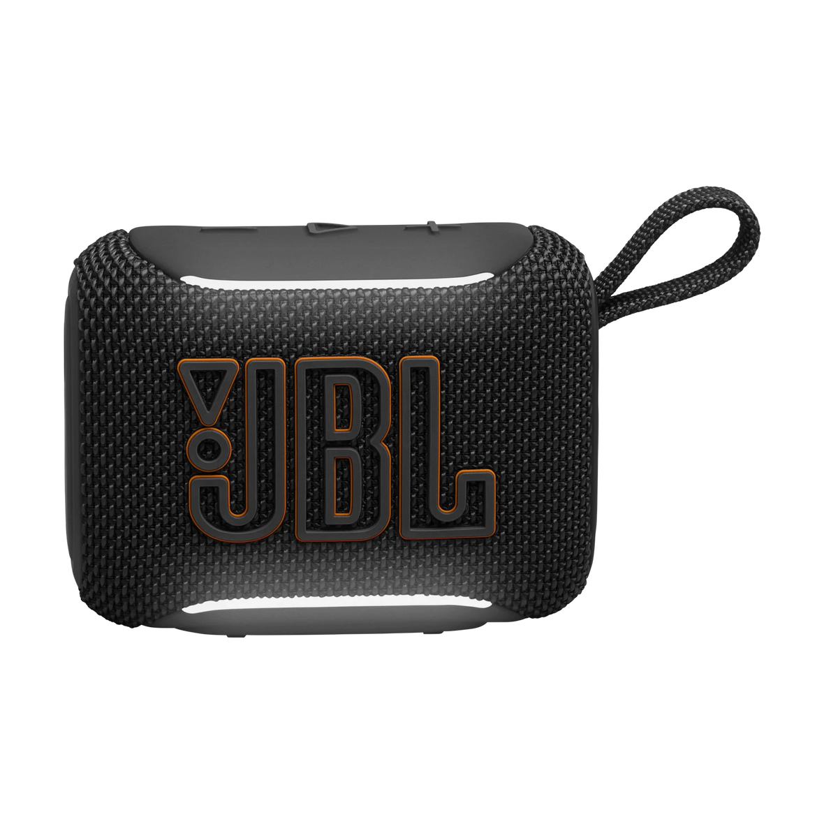 Close-up of the black JBL GO 5 portable speaker showing textured fabric and top buttons with carrying loop.