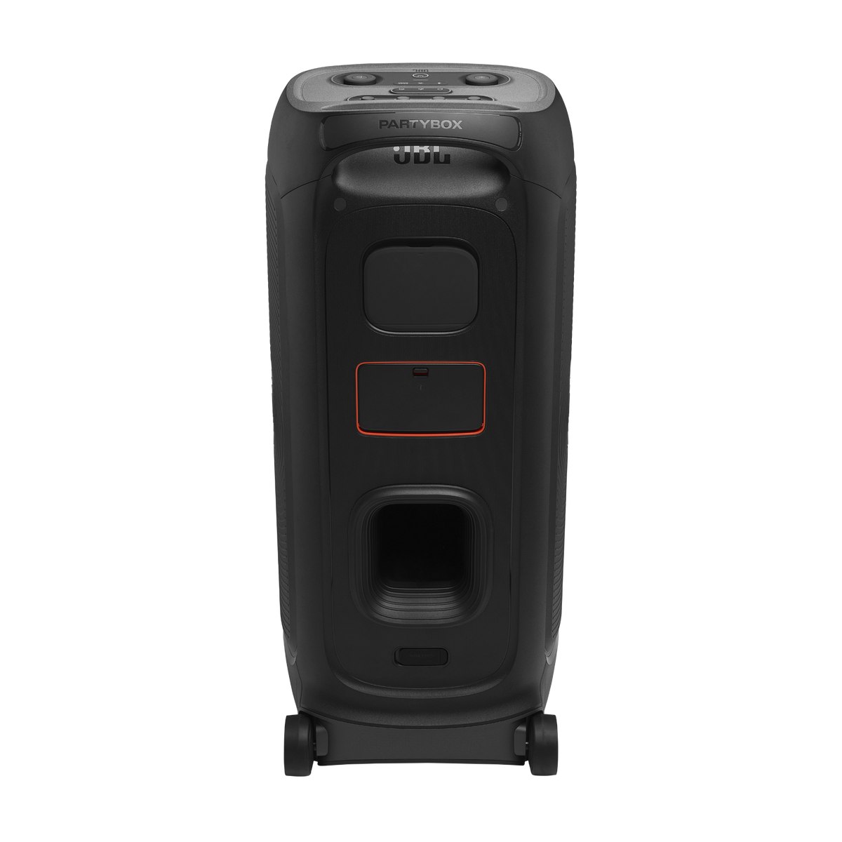 Back view of JBL Partybox 720 speaker showing handle, control panel, and rear ports with wheels at base.