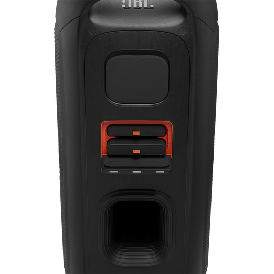 Close-up of JBL Partybox 720 side panel showing battery compartment with two removable batteries.
